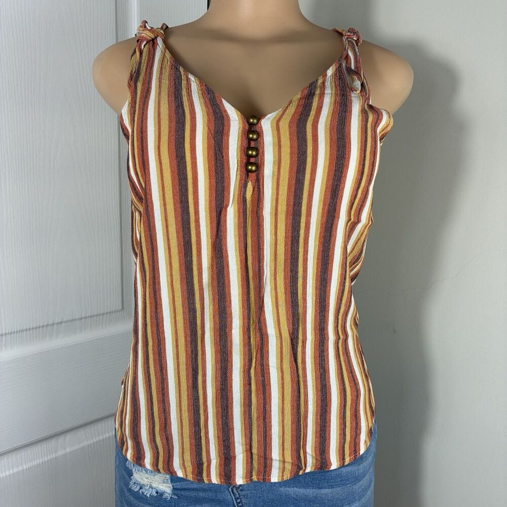 a.n.a. Womens Blouse Sz M Shoulder Ties V-Neck Striped Earth Tones Tank Top Boho